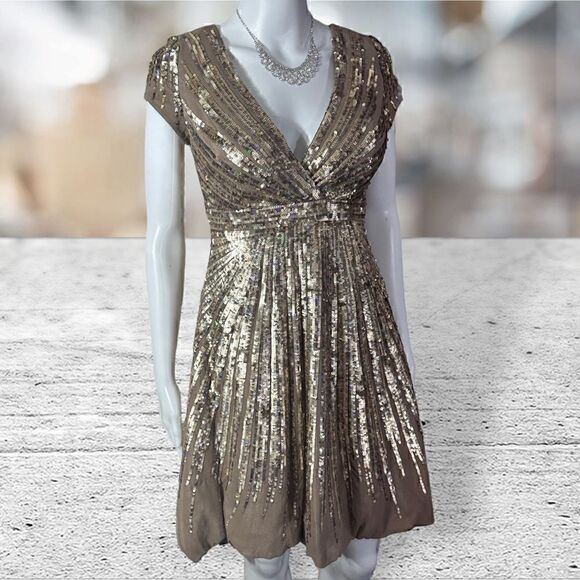 Jovani Gold Sequin V Neck Cap Sleeve Cocktail Dress - Picture 1 of 7